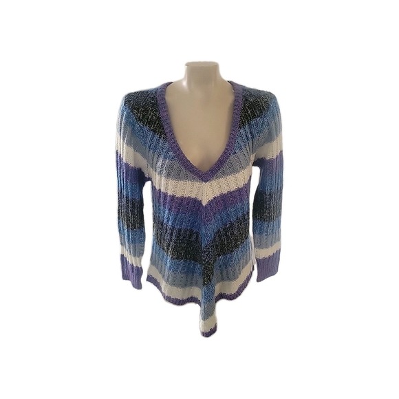 Bongo Plus Sweater Woman's Size 1X Multicolor V-Neck Blue Purple Gray Striped - Picture 1 of 7